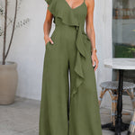 V-Neck Adjustable Spaghetti Straps Backless Overalls Casual Zipper Back Wide Leg Jumpsuit with Convertible Ruffles Tie Panel