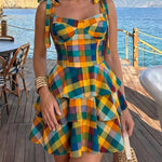 Women's Colorblock Plaid Mini Dress Elegant Tie Strap Ruffle Tiered Vacation Dress Shirred Backless A Line Sundress