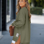 Letter Patch Detail Long Sleeve Drop Shoulder Pullover Sweatshirt Casual Zipper Side Slit Top