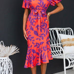 Short Sleeves Tie Waist Printed Ruffle Midi Dress