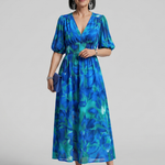Candlia | Puff Sleeve V Neck Abstract Print Midi Dress