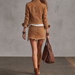 Military-style Camel Denim Stand-up Collar Double-breasted Short Jacket