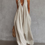Retro Urban Bohemian V-neck Lace Trim Sleeveless Off-white Cotton Maxi Dress