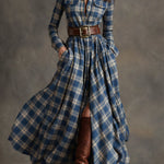 Retro Ethnic Style Lapel Reddish Brown Plaid Maxi Dress