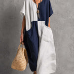 Retro White And Blue Color Blocked Cotton And Linen Short Sleeved Midi Dress