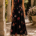 Margovil Sleeveless High Waist Floral Print Flowy Midi Dress