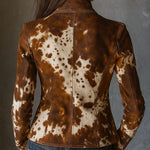 Vintage Stand Collar Suede Cow Print Slim Jacket