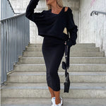 Elegant Two-piece Set Sexy V-neck Off-shoulder Sweatshirt & Sleeveless Knitted Dress Skirt