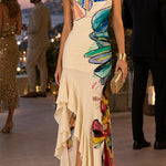 One Shoulder Sleeveless Floral Print Ruffle Hem Maxi Dress