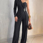 Rhinestone Decor One Shoulder Adjustable Spaghetti Strap Overalls Casual Long Sleeve Wrap Front Wide Leg Jumpsuit