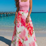 2 Pieces Outfit Square Neck Sleeveless Slim Fit Top and Watercolor Floral Print High Waist Elastic Waist Pleated Maxi Skirt Set