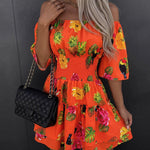 Women's Stretchy Off Shoulder Vacation Dress Tropical Fruit Floral Shirred Waist Ruffle Hem A Line Dress