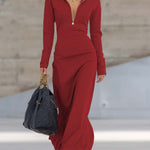 Elegant Retro Sporty V-neck Front Zipper Long-sleeved Pink Maxi Dress