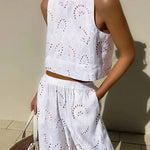 Two Piece Outfits Hollow Out Sleeveless Crop Tops Wide Leg Pants Set