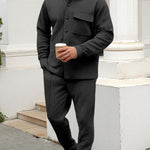 KZZ Men's two-piece casual suit with a stand-up collar long sleeves with a subtle texture
