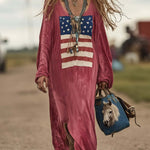 Vintage Casual Western Long Sleeve Flag Print Pink Cotton Loose Maxi Dress