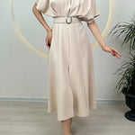 Margovil Crewneck Short Sleeves Belted Slit Midi Dress