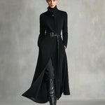 Women's Black Elegant Wool - Blend Turtleneck Belted Maxi Coat