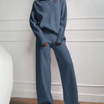 Nadorine Casual Two-Pieces Outfits Lapel V Neck Sweater and Trousers Sets