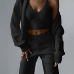 Chic V-neck Knitted Three-piece Set Crop Vest and Sweater Cardigan & Solid Wide Leg Pants