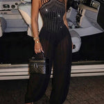 Women's Rhinestone Cutout Jumpsuit Sleeveless Sheer Chiffon Lantern Leg Overalls