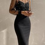 Mock Neck Sheer Mesh Spliced Beaded Bodycon Dress Zipper Back Slit Party Dress