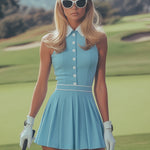 Elegant Sports White Button Detail Baby Blue Sleeveless Mini Dress