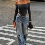 Women's Off Shoulder Bodysuit Minimalist Long Sleeve Sexy Slim Fit Bodysuit with Built-In Bra