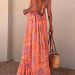 Margovil Halter Backless Printed Maxi Ruffle Swing Dress