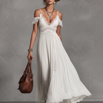 Women's Bohemian Style White Pearl Chiffon Lace Patchwork Off-the-shoulder Long Dress