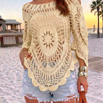 Women's Crochet Hollow Out Knit Top Batwing Sleeve Loose Cover Up Asymmetric Hem Sheer Bohemian Knitwear