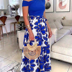 Women's 2 Piece Skirt Set Skew Neck Ruched Slim Fit Top and High Waisted Floral Print A Line Skirt with Pockets