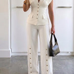 Women's 2-Piece Elegant Set Deep V-Neck Sleeveless Backless Pleated Top and Wide-Leg Pants Formal Outfit