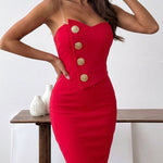Women's Asymmetric Strapless Bodycon Dress Gold Button Decor Party Dress with Detachable Clear Straps