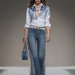 Western Blue Denim Side Tassel Rivet Flared Pants