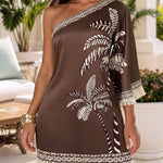 Women's Tropical Print One Shoulder Mini Dress Three Quarters Sleeve Fringe Hem Vacation Dress