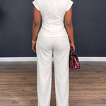 Women's 2 Piece Outfits V Neck Twist Front Slit Top and High Waisted Straight Leg Pants Set Commute Business Casual Suit