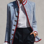 Elegant Vintage Ruffled Stand Collar Lace Trim Blue And White Striped Jacket