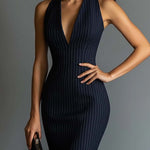 Halter Pinstripe V - neck Bodycon Dress