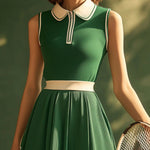【24-hour shipping out】Casual Fashion Polo Neck White Trim Green Sleeveless Mini Dress