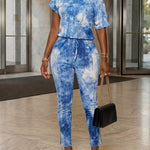 Women's Denim Look Print Skew Neck Jumpsuit Short Sleeve Drawstring Waist Slim Fit Overalls