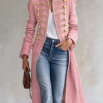 Vintage Washed Denim Military Officer Longline Gold-Button Fitted Statement Coat Women