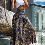 Boho Vintage Floral Print Shirred High Waist Wide Leg Pants