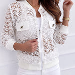 Women's Lace Hollow Out Bomber Jacket Sheer Wave Pattern Lace Zip Up Outerwear Ribbed Trim Coat