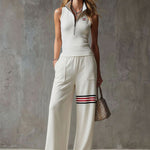 Sporty Retro White Striped Embroidered Sleeveless Vest And Wide-Leg Pants Set