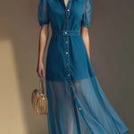 Exquisite Fashionable Front Button V-neck Short-sleeved Outer Cover Organza Blue Denim Maxi Dress