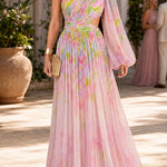 One Shoulder Puff Long Sleeve Cut Out Waist Printed Maxi Dress