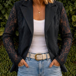 Women's Lace Patchwork Blazer Elegant Sheer Sleeve Single Breasted Coat
