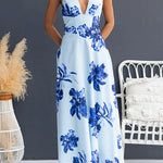 Halter V Neck Back Lace-up Waisted Floral Print Maxi Dress