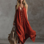 Vintage And Charming Red Cotton And Linen Sleeveless Maxi Dress
